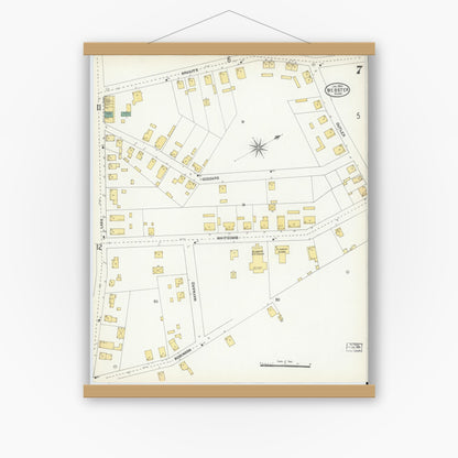 Old map wall art mockup — magnetic wood frame on white wall — Sanborn Fire Insurance Map from Webster, Worcester County, Massachusetts (1904), Sheet #0007