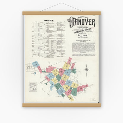 Old map wall art mockup — magnetic wood frame on white wall — Sanborn Fire Insurance Map from Hanover, York County, Pennsylvania (1909), Sheet #0001