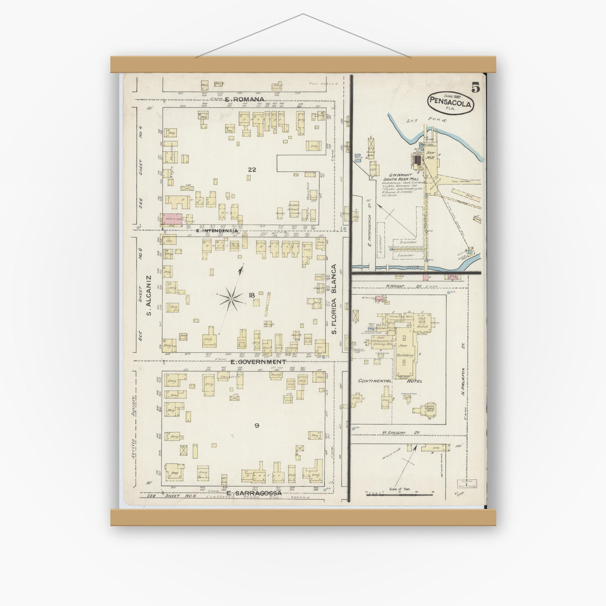 Old map wall art mockup — magnetic wood frame on white wall — Sanborn Fire Insurance Map from Pensacola, Escambia County, Florida (1887), Sheet #0005