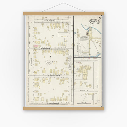 Old map wall art mockup — magnetic wood frame on white wall — Sanborn Fire Insurance Map from Pensacola, Escambia County, Florida (1887), Sheet #0005