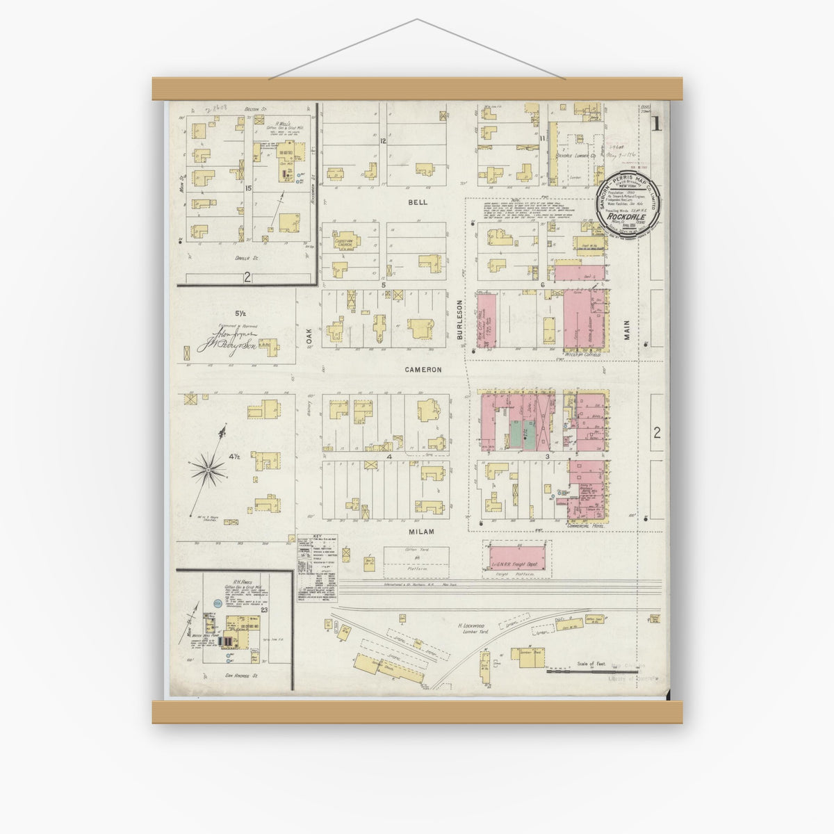 Old map wall art mockup — magnetic wood frame on white wall — Sanborn Fire Insurance Map from Rockdale, Milam County, Texas (1896) - Complete Map Set