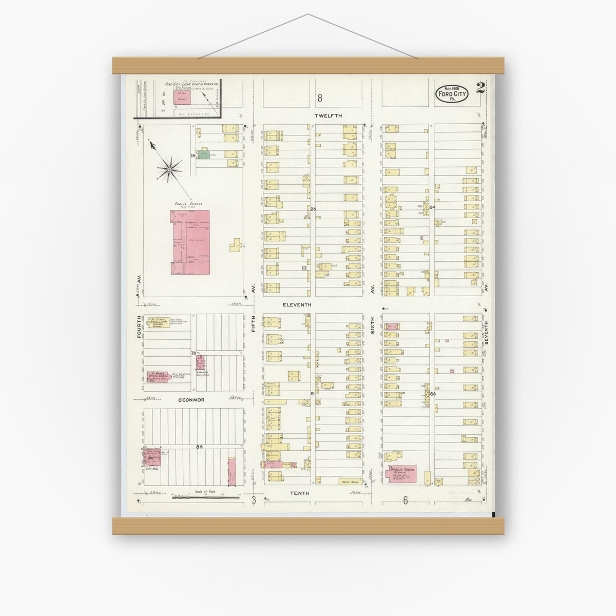 Old map wall art mockup — magnetic wood frame on white wall — Sanborn Fire Insurance Map from Ford City, Armstrong County, Pennsylvania (1908), Sheet #0002