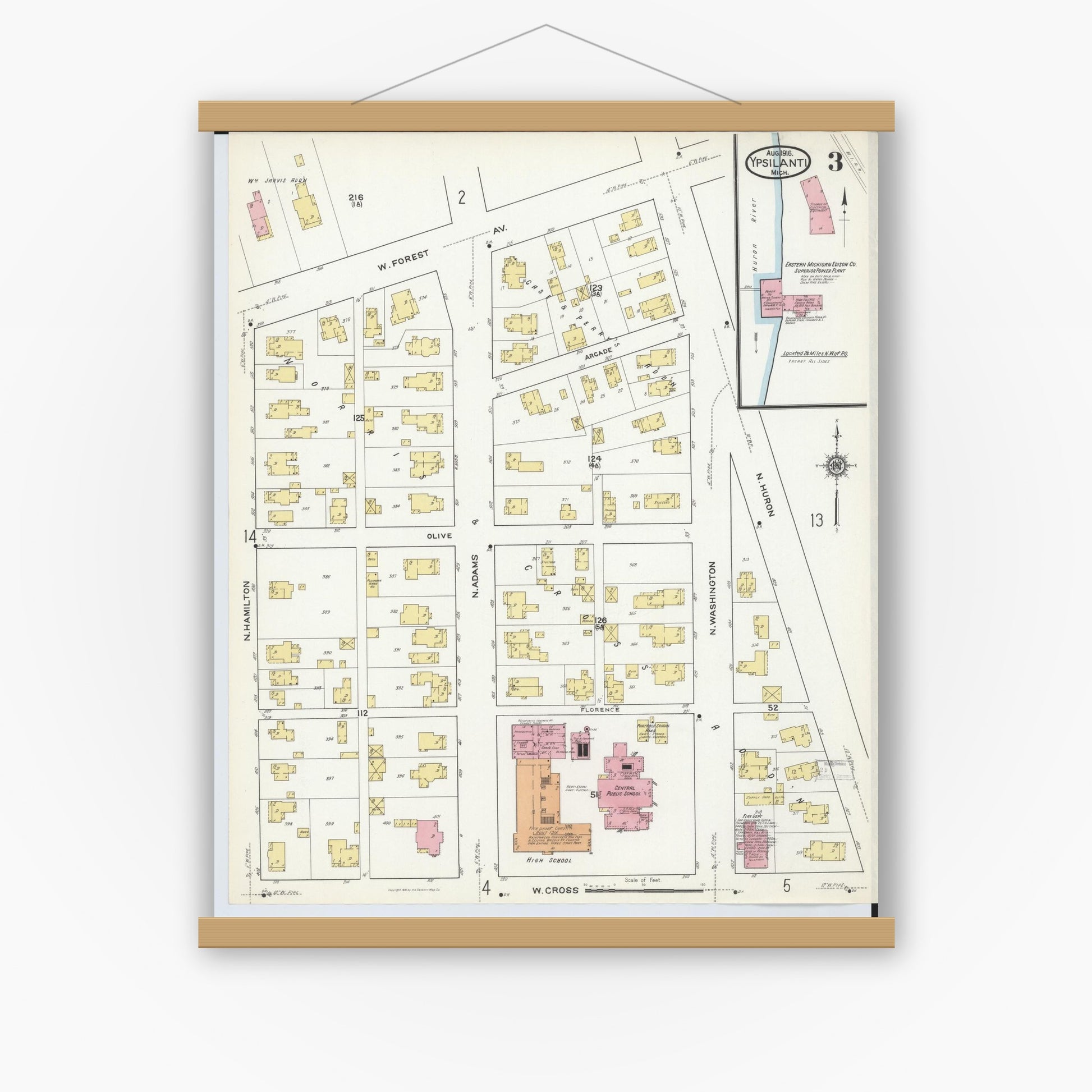 Old map wall art mockup — magnetic wood frame on white wall — Sanborn Fire Insurance Map from Ypsilanti, Washtenaw County, Michigan (1916), Sheet #0003