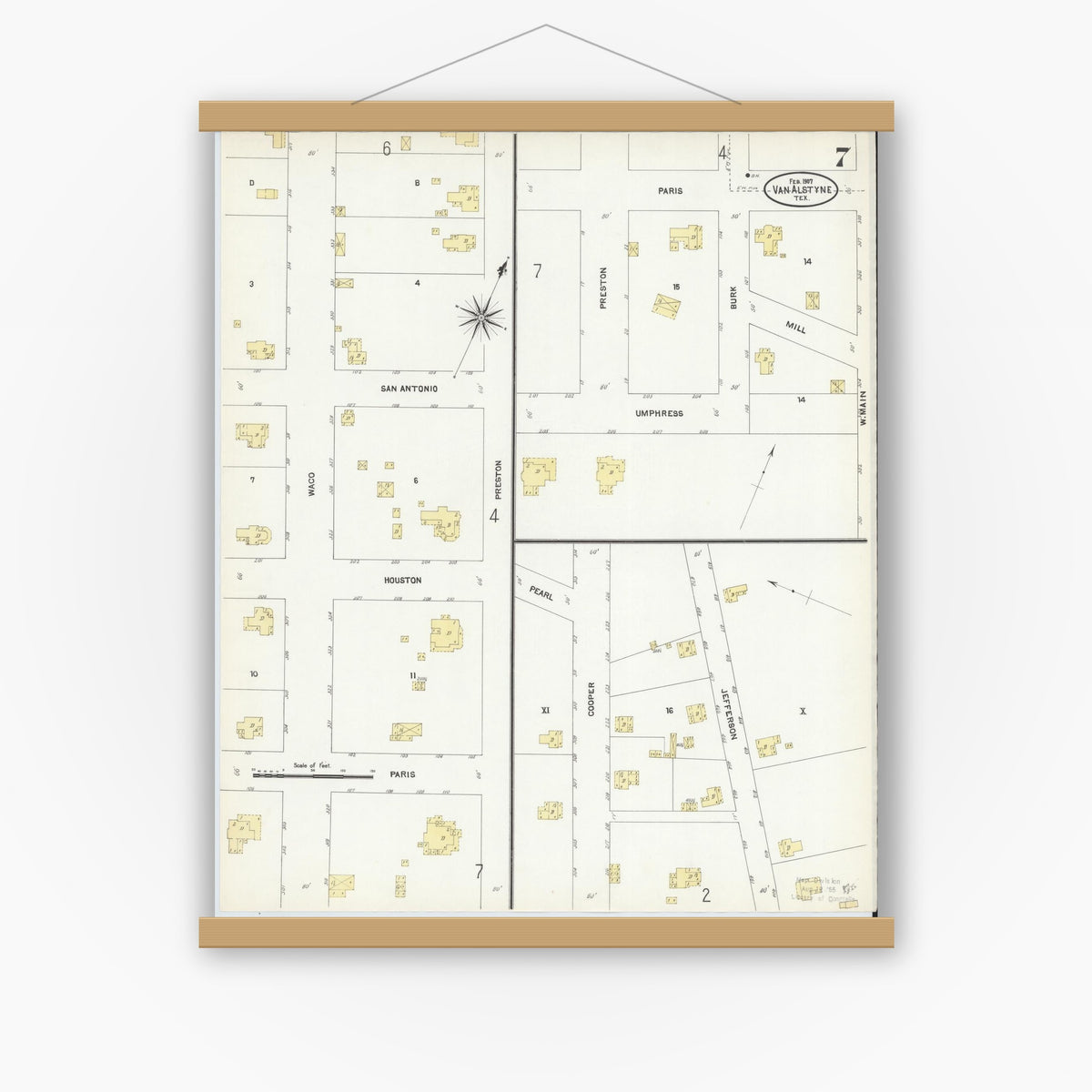 Old map wall art mockup — magnetic wood frame on white wall — Sanborn Fire Insurance Map from Van Alstyne, Grayson County, Texas (1907), Sheet #0007