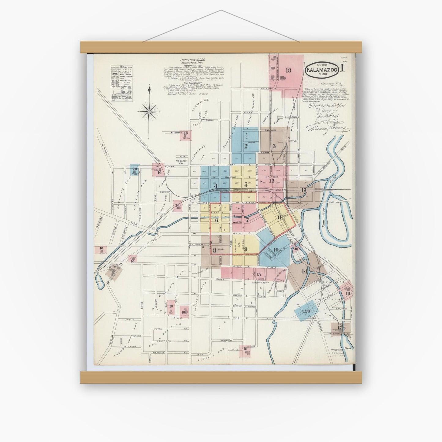 Old map wall art mockup — magnetic wood frame on white wall — Sanborn Fire Insurance Map from Kalamazoo, Kalamazoo County, Michigan (1891) - Complete Map Set