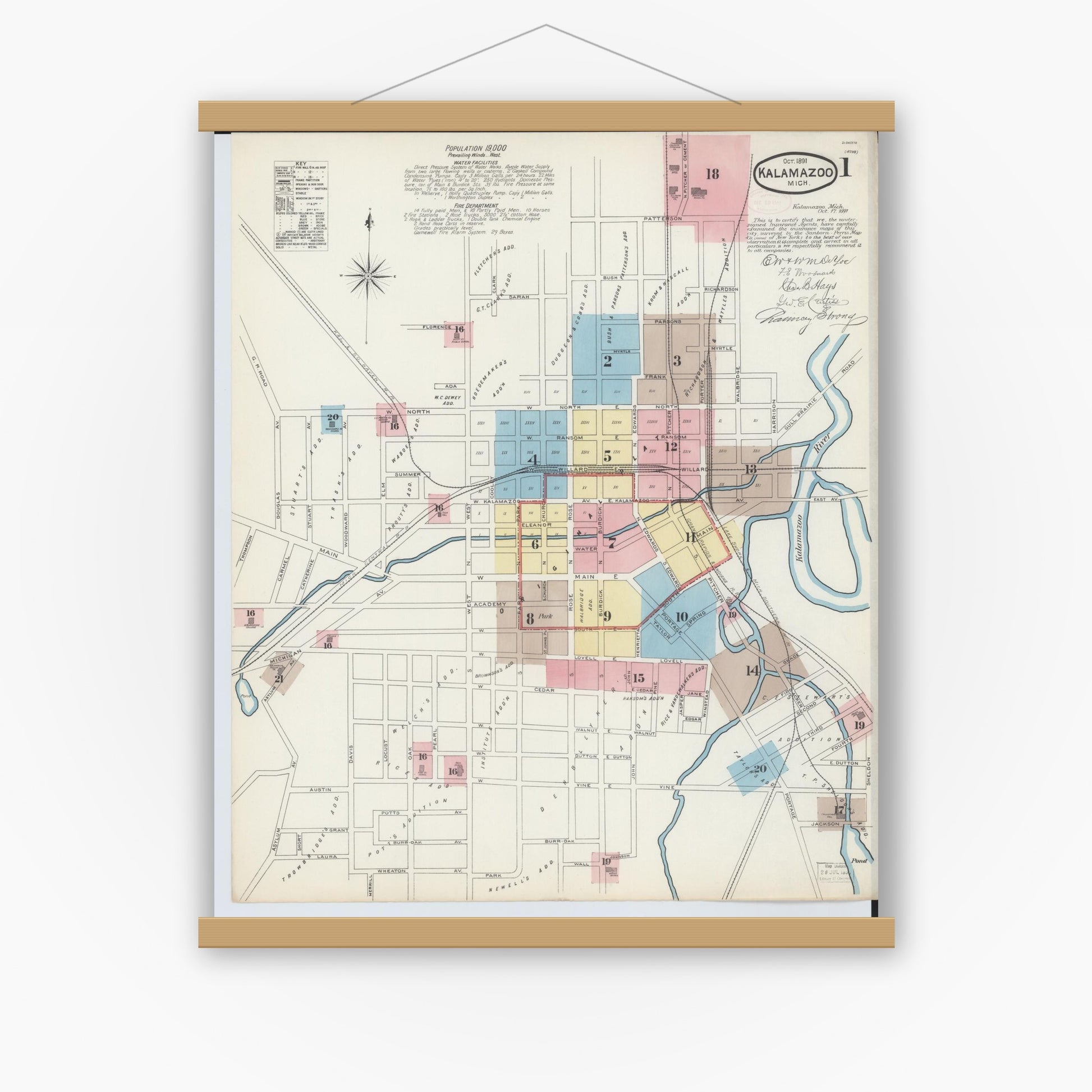 Old map wall art mockup — magnetic wood frame on white wall — Sanborn Fire Insurance Map from Kalamazoo, Kalamazoo County, Michigan (1891) - Complete Map Set
