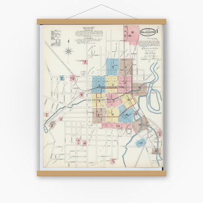 Old map wall art mockup — magnetic wood frame on white wall — Sanborn Fire Insurance Map from Kalamazoo, Kalamazoo County, Michigan (1891) - Complete Map Set