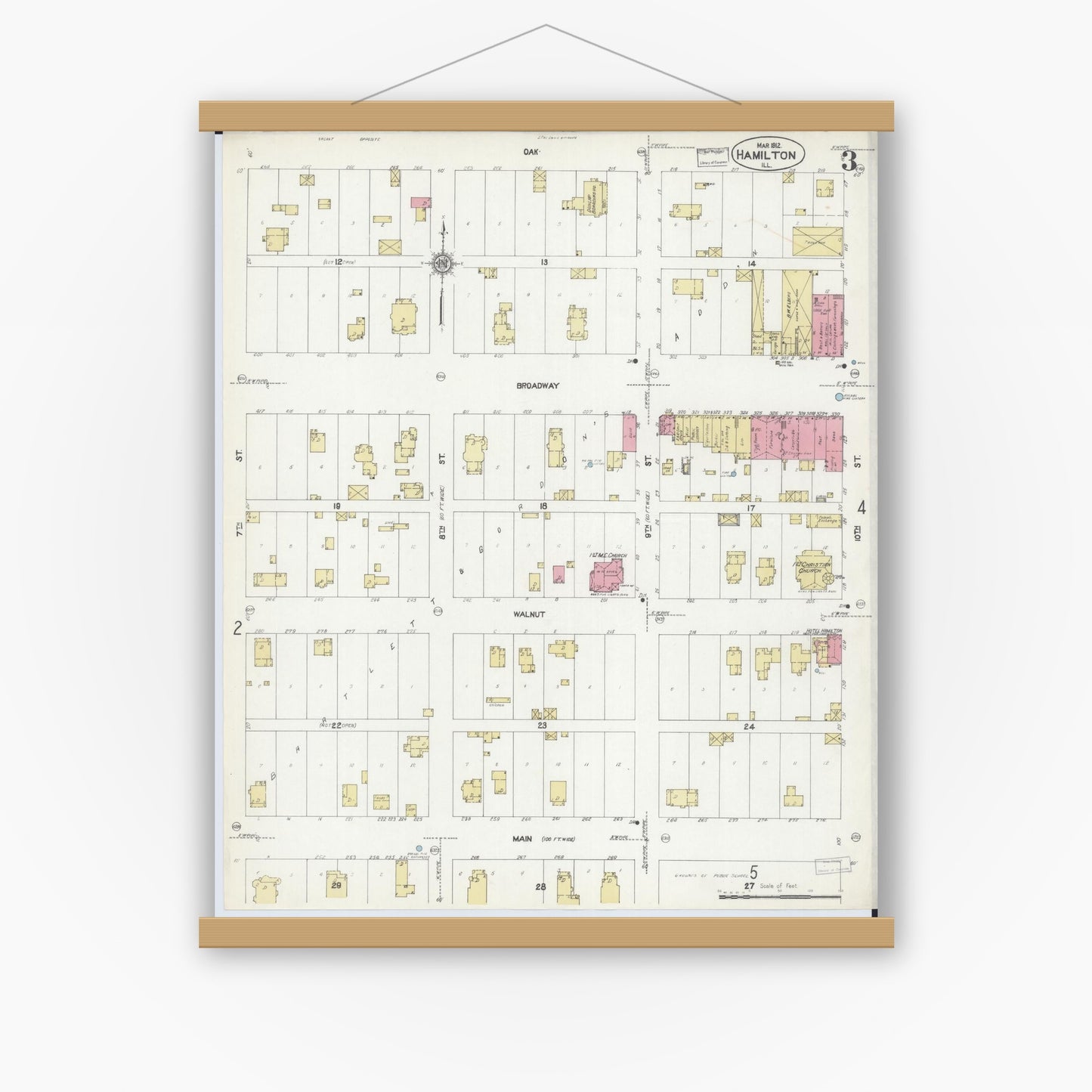 Old map wall art mockup — magnetic wood frame on white wall — Sanborn Fire Insurance Map from Hamilton, Hancock County, Illinois (1912), Sheet #0003