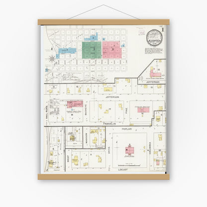 Old map wall art mockup — magnetic wood frame on white wall — Sanborn Fire Insurance Map from Bloomfield, Davis County, Iowa (1893) â€” Complete Set