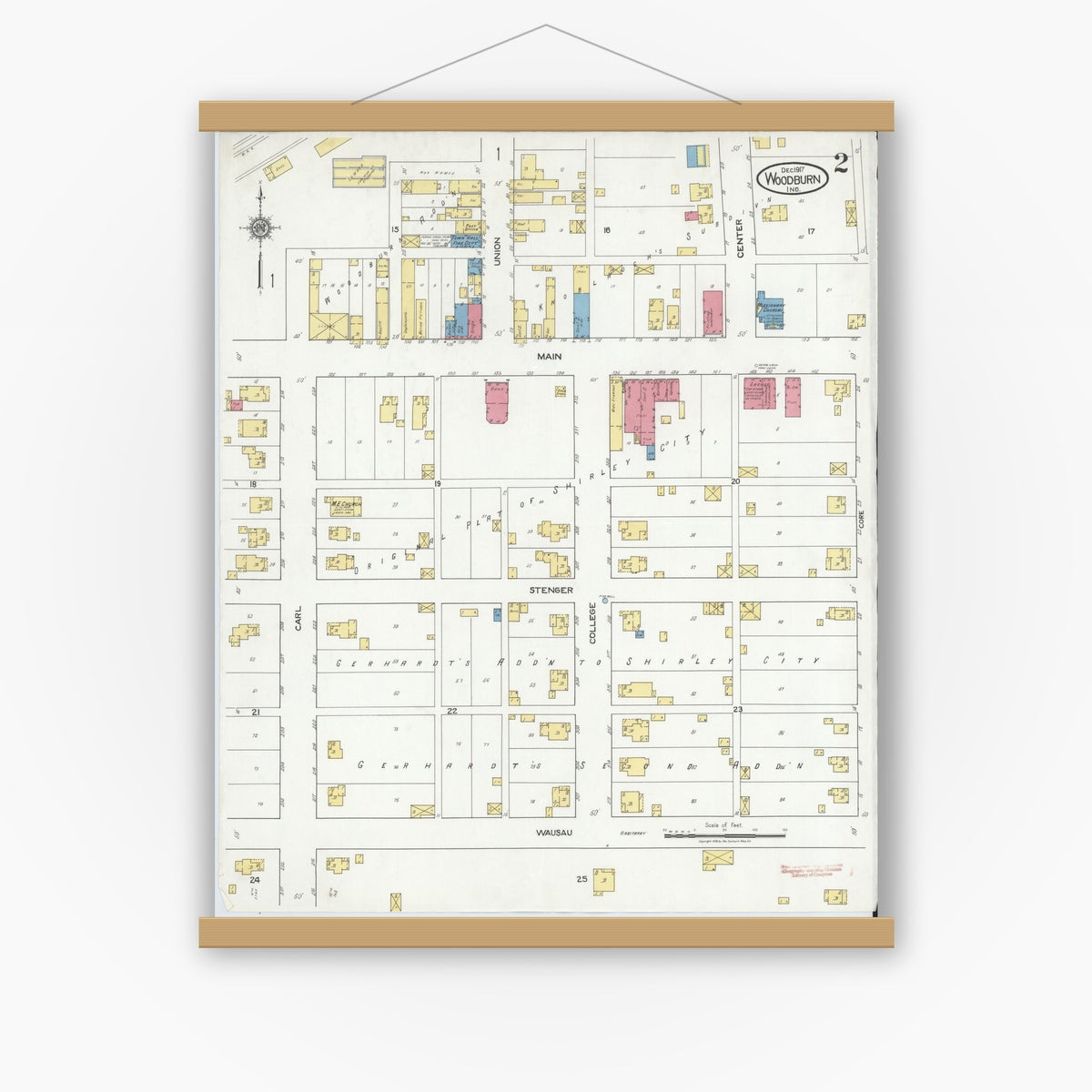 Old map wall art mockup — magnetic wood frame on white wall — Sanborn Fire Insurance Map from Woodburn, Allen County, Indiana (1917), Sheet #0002