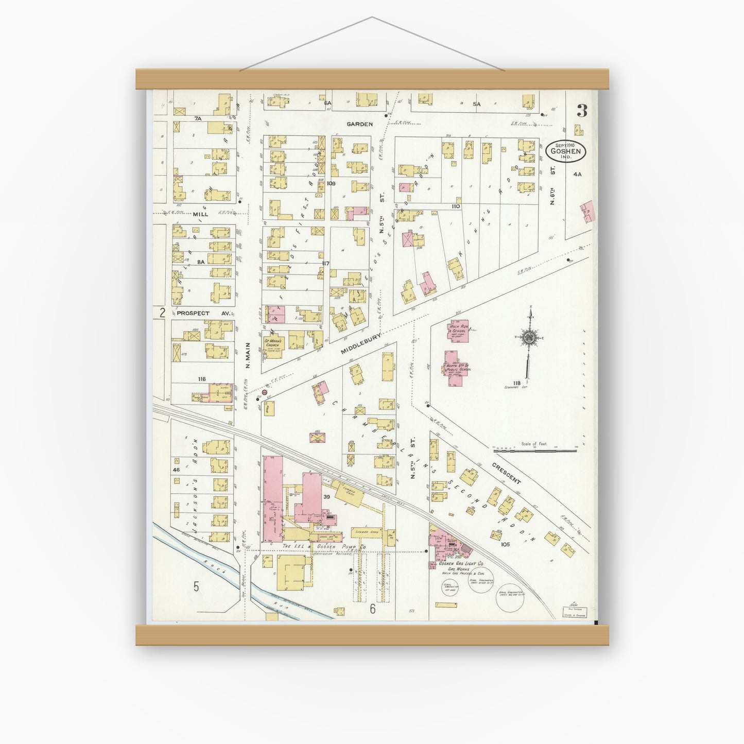 Old map wall art mockup — magnetic wood frame on white wall — Sanborn Fire Insurance Map from Goshen, Elkhart County, Indiana (1910), Sheet #0003