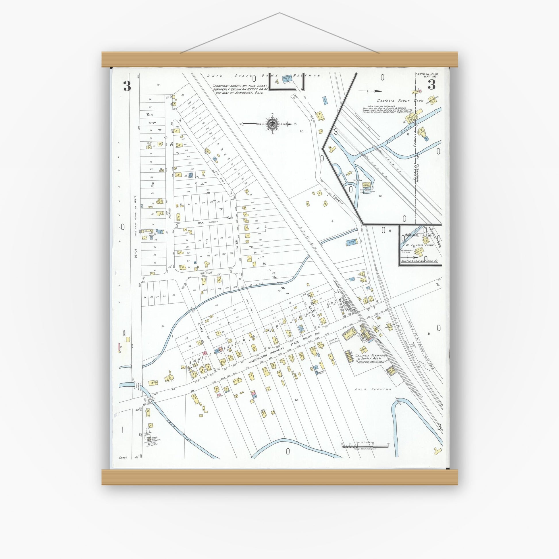 Old map wall art mockup — magnetic wood frame on white wall — Sanborn Fire Insurance Map from Castalia, Erie County, Ohio (1951), Sheet #0003