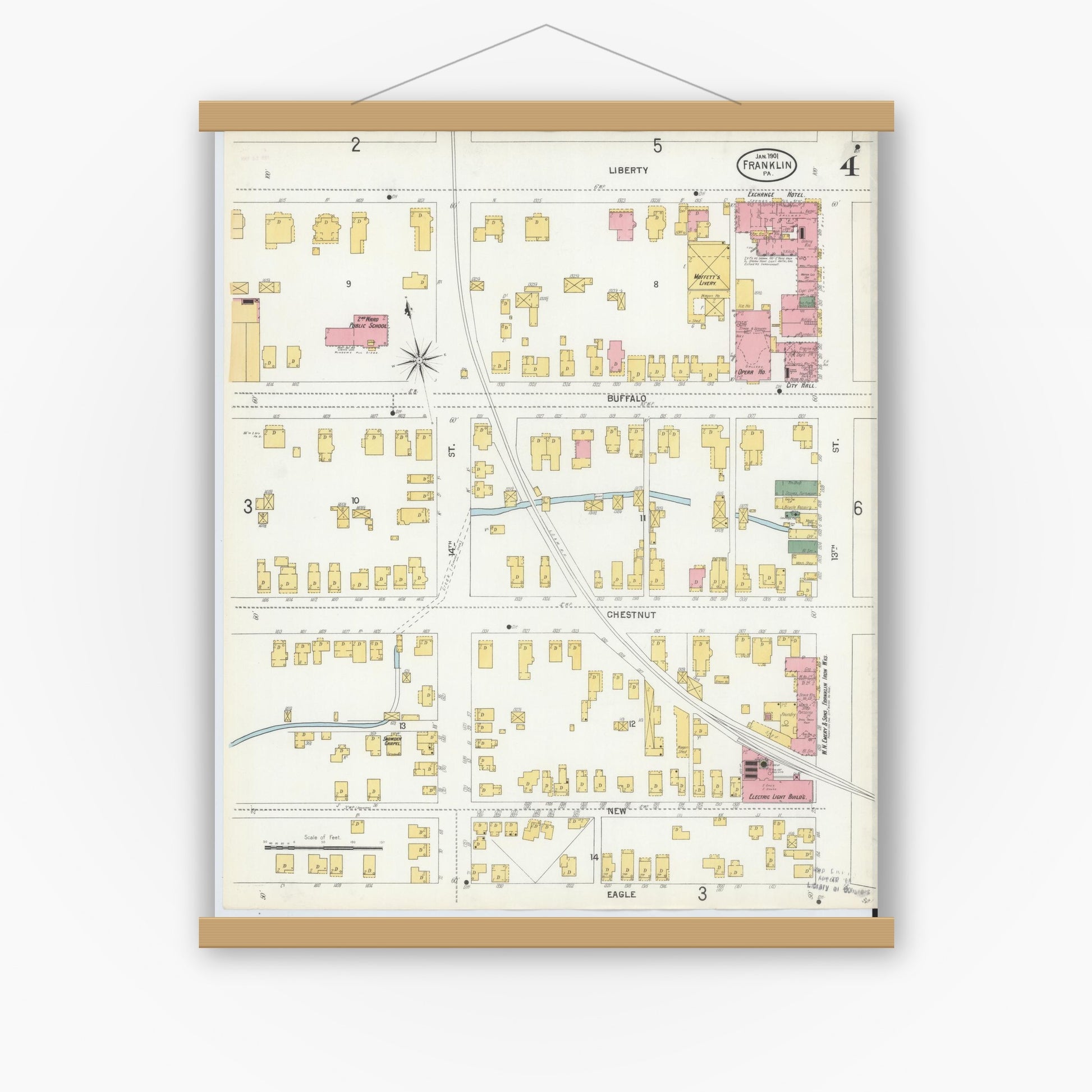 Old map wall art mockup — magnetic wood frame on white wall — Sanborn Fire Insurance Map from Franklin, Venango County, Pennsylvania (1901), Sheet #0004