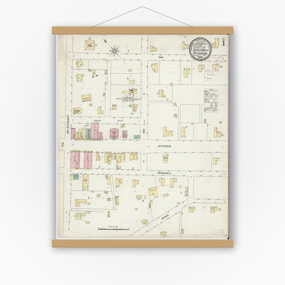 Old map wall art mockup — magnetic wood frame on white wall — Sanborn Fire Insurance Map from Pittsburg, Camp County, Texas (1896), Sheet #0001