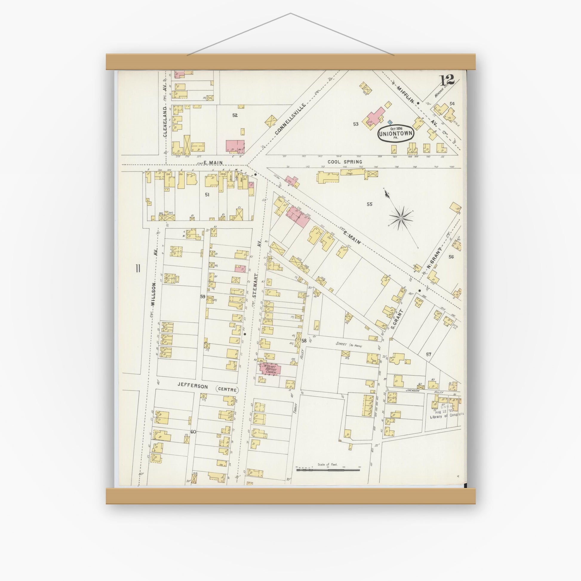 Old map wall art mockup — magnetic wood frame on white wall — Sanborn Fire Insurance Map from Uniontown, Fayette County, Pennsylvania (1896), Sheet #0012