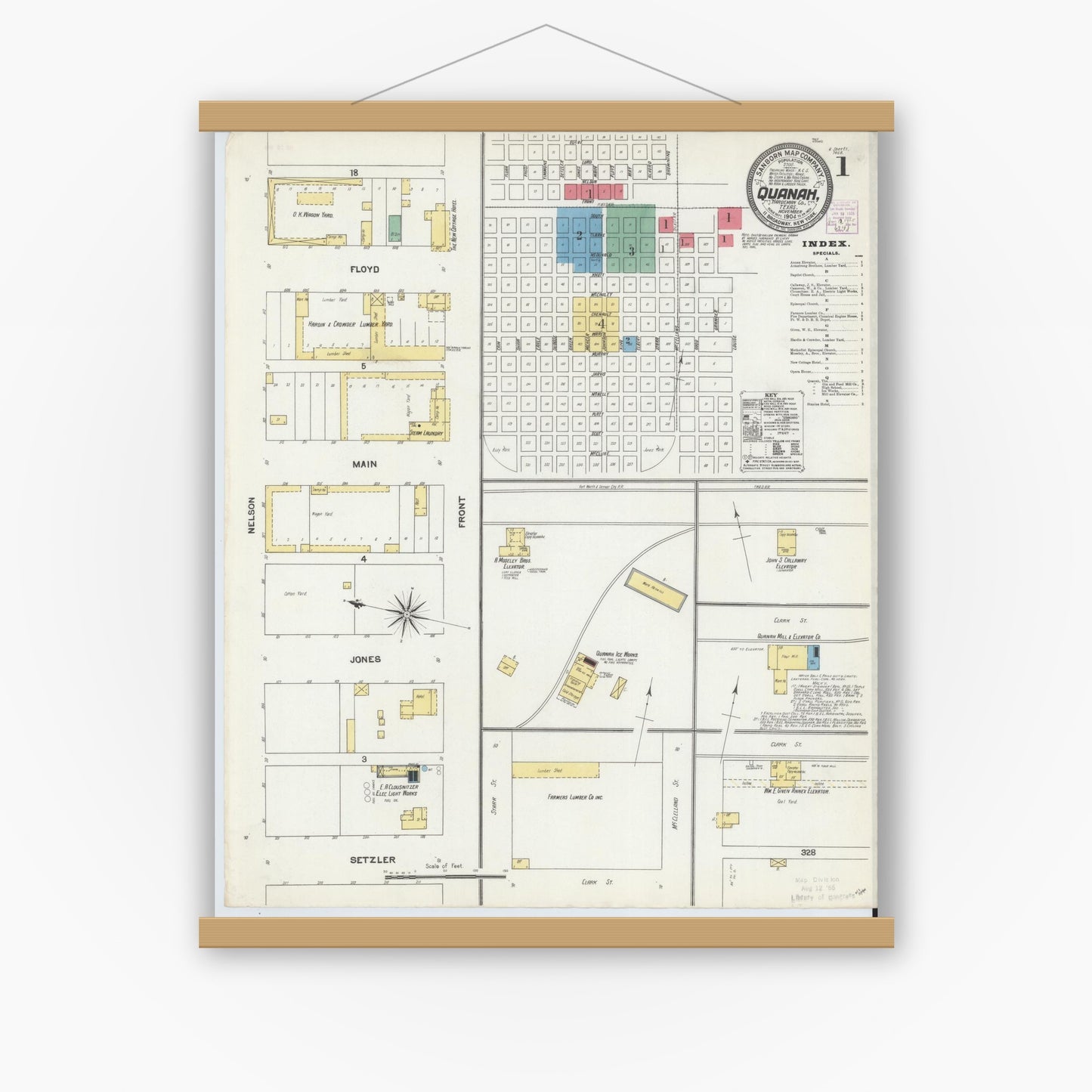 Old map wall art mockup — magnetic wood frame on white wall — Sanborn Fire Insurance Map from Quanah, Hardeman County, Texas (1904), Sheet #0001