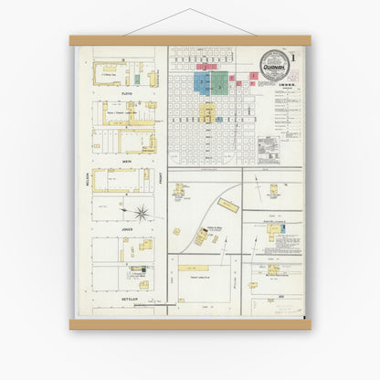 Old map wall art mockup — magnetic wood frame on white wall — Sanborn Fire Insurance Map from Quanah, Hardeman County, Texas (1904), Sheet #0001