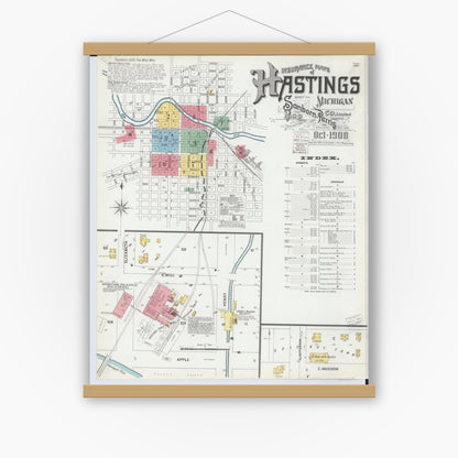 Old map wall art mockup — magnetic wood frame on white wall — Sanborn Fire Insurance Map from Hastings, Barry County, Michigan (1900), Sheet #0001