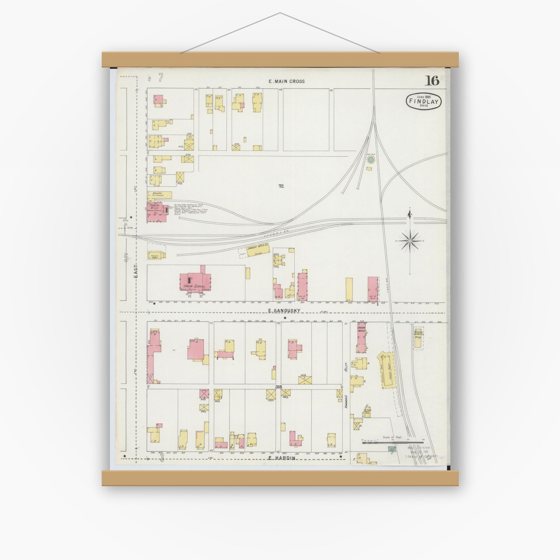 Old map wall art mockup — magnetic wood frame on white wall — Sanborn Fire Insurance Map from Findlay, Hancock County, Ohio (1895), Sheet #0016