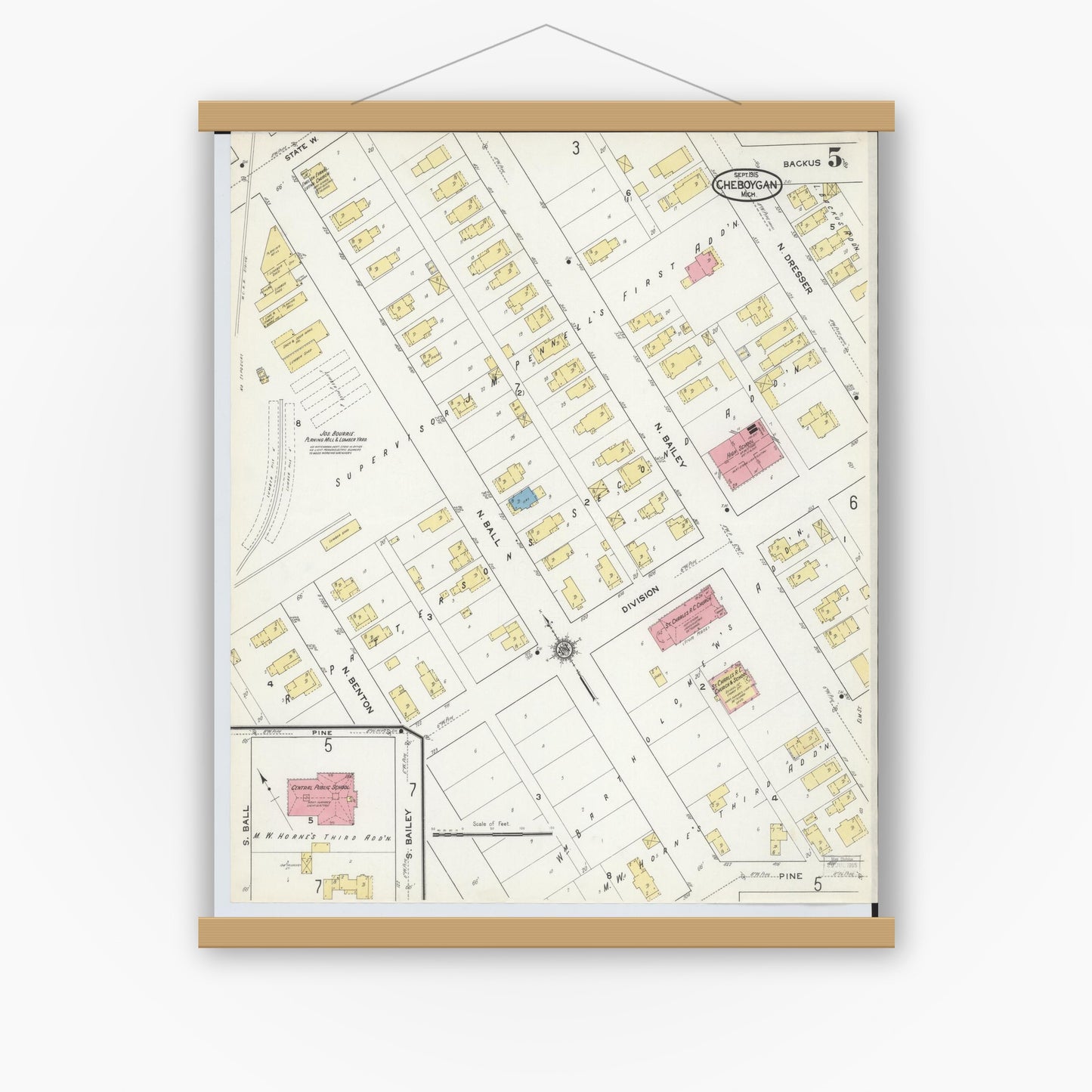 Old map wall art mockup — magnetic wood frame on white wall — Sanborn Fire Insurance Map from Cheboygan, Cheboygan County, Michigan (1915), Sheet #0005