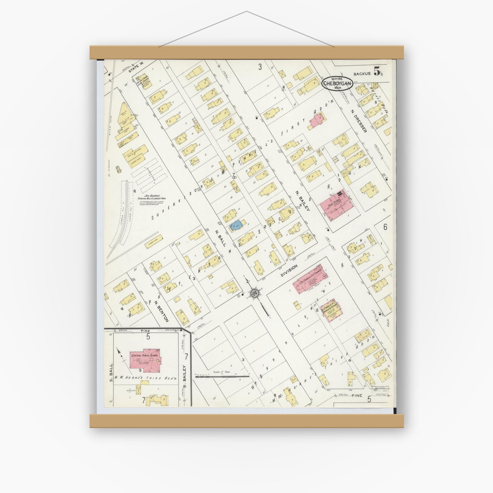 Old map wall art mockup — magnetic wood frame on white wall — Sanborn Fire Insurance Map from Cheboygan, Cheboygan County, Michigan (1915), Sheet #0005