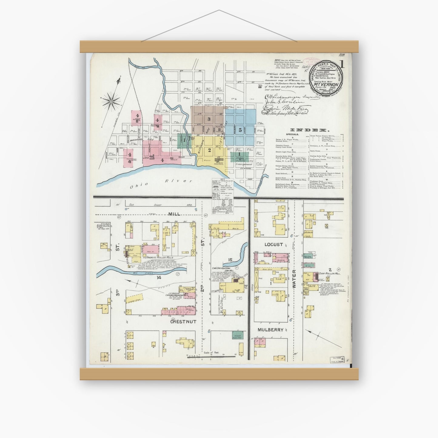 Old map wall art mockup — magnetic wood frame on white wall — Sanborn Fire Insurance Map from Mount Vernon, Posey County, Indiana (1892) - Complete Map Set