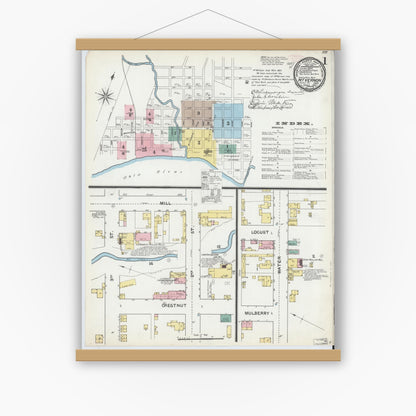 Old map wall art mockup — magnetic wood frame on white wall — Sanborn Fire Insurance Map from Mount Vernon, Posey County, Indiana (1892) - Complete Map Set