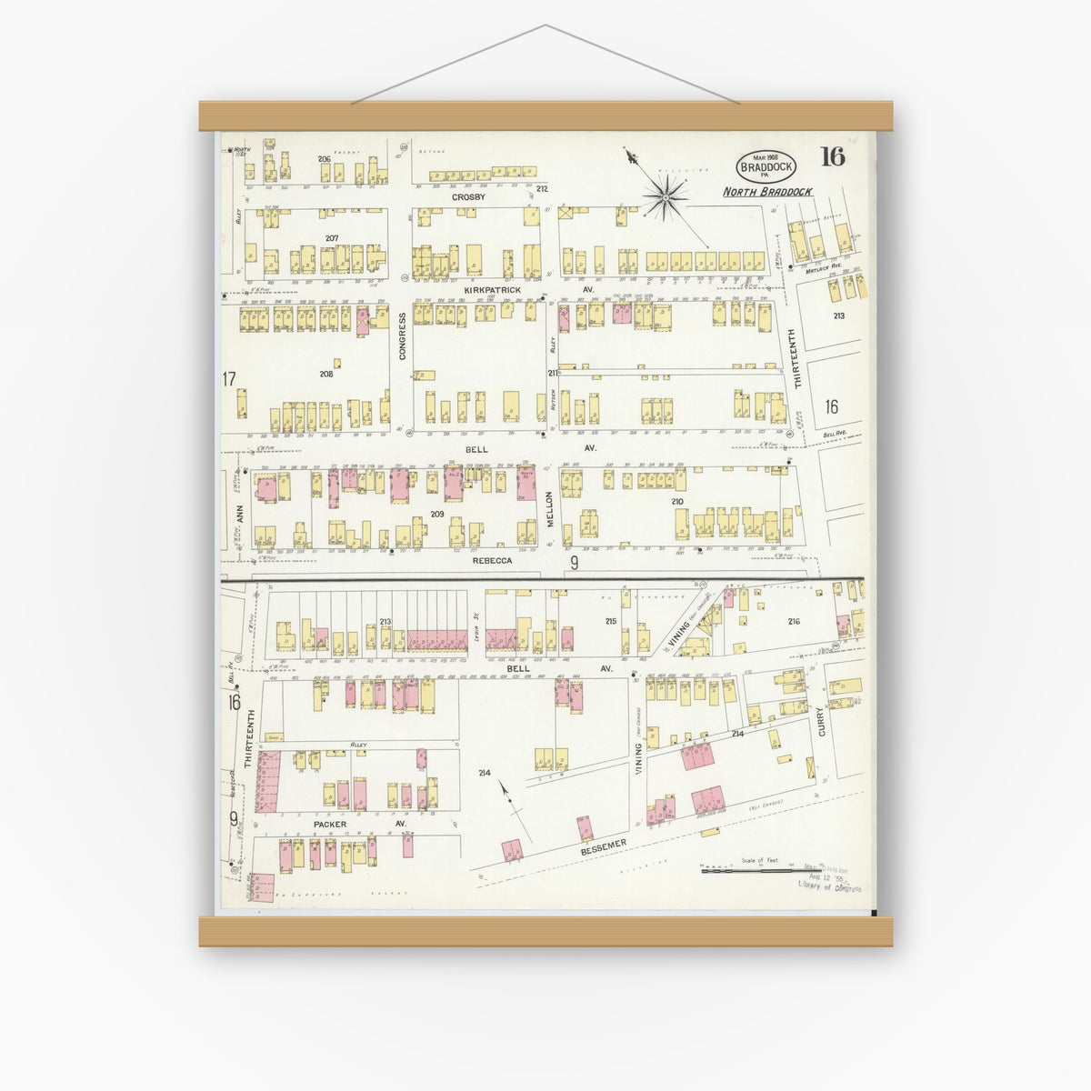 Old map wall art mockup — magnetic wood frame on white wall — Sanborn Fire Insurance Map from Braddock, Allegheny County, Pennsylvania (1908), Sheet #0016
