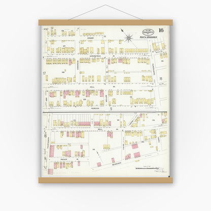 Old map wall art mockup — magnetic wood frame on white wall — Sanborn Fire Insurance Map from Braddock, Allegheny County, Pennsylvania (1908), Sheet #0016