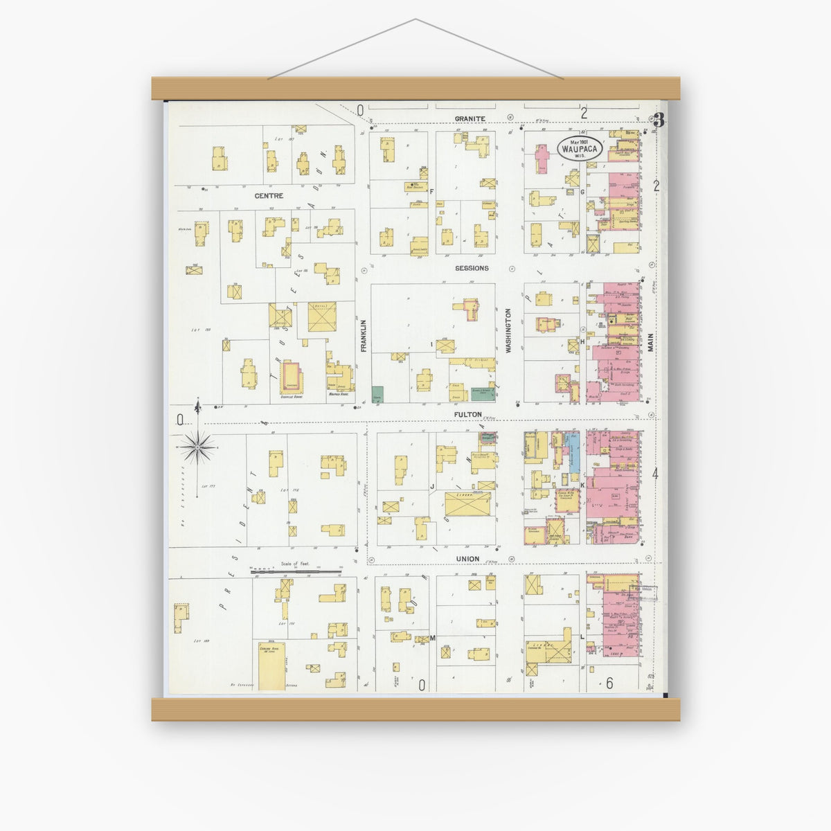 Old map wall art mockup — magnetic wood frame on white wall — Sanborn Fire Insurance Map from Waupaca, Waupaca County, Wisconsin (1901), Sheet #0003