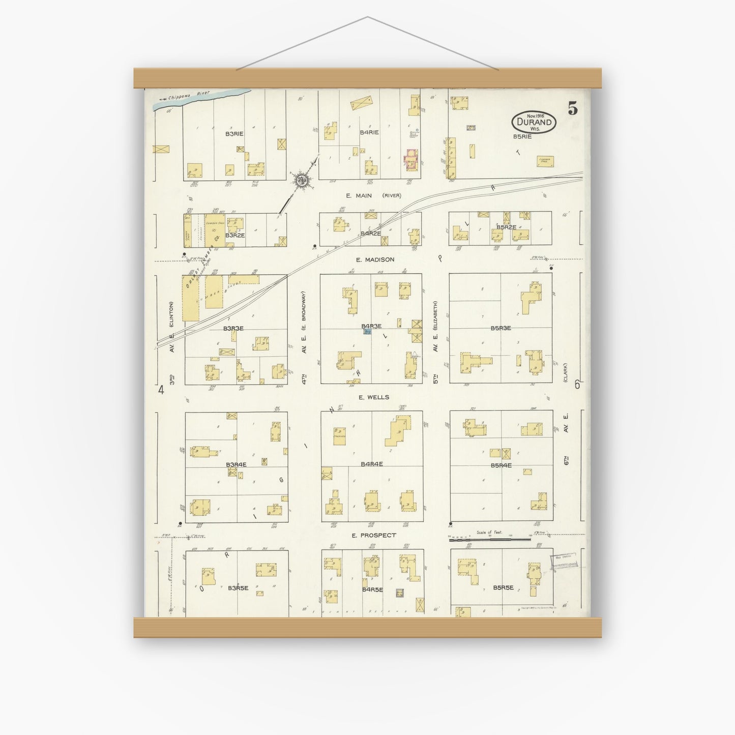 Old map wall art mockup — magnetic wood frame on white wall — Sanborn Fire Insurance Map from Durand, Pepin County, Wisconsin (1916), Sheet #0005