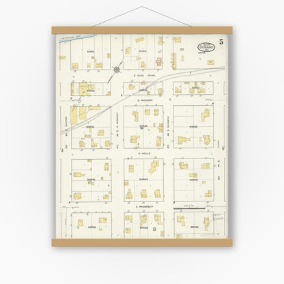 Old map wall art mockup — magnetic wood frame on white wall — Sanborn Fire Insurance Map from Durand, Pepin County, Wisconsin (1916), Sheet #0005
