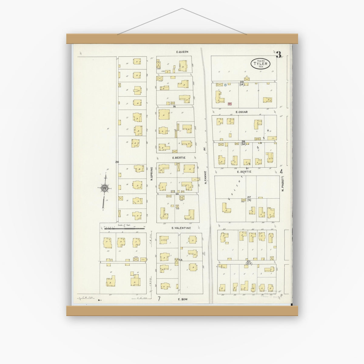 Old map wall art mockup — magnetic wood frame on white wall — Sanborn Fire Insurance Map from Tyler, Smith County, Texas (1912), Sheet #0003