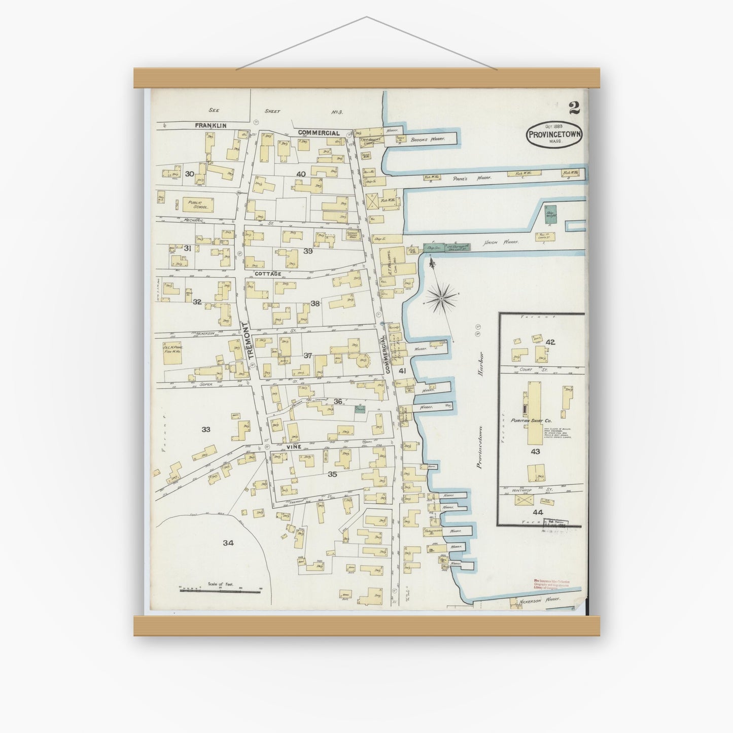 Old map wall art mockup — magnetic wood frame on white wall — Sanborn Fire Insurance Map from Provincetown, Barnstable County, Massachusetts (1889), Sheet #0002