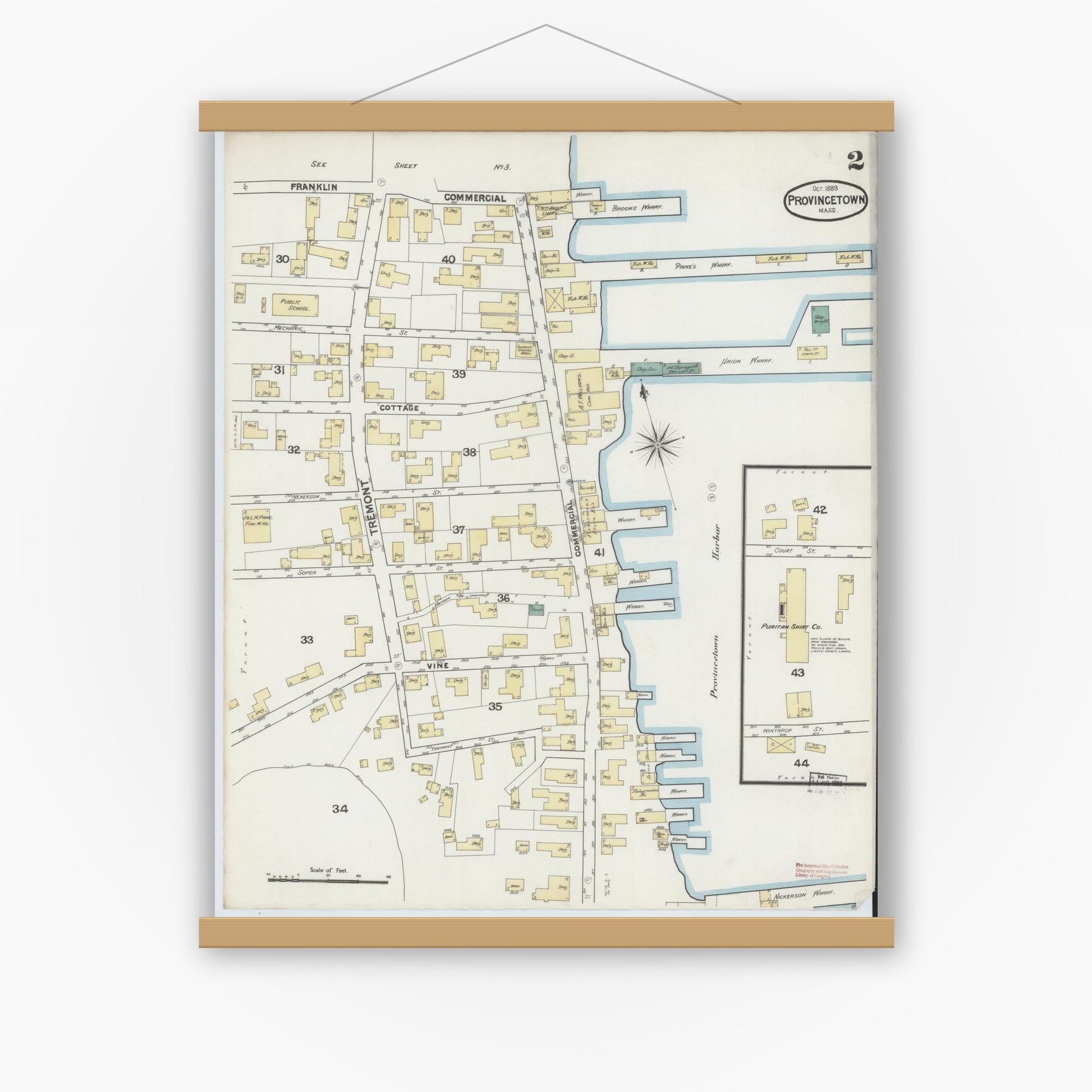 Old map wall art mockup — magnetic wood frame on white wall — Sanborn Fire Insurance Map from Provincetown, Barnstable County, Massachusetts (1889), Sheet #0002