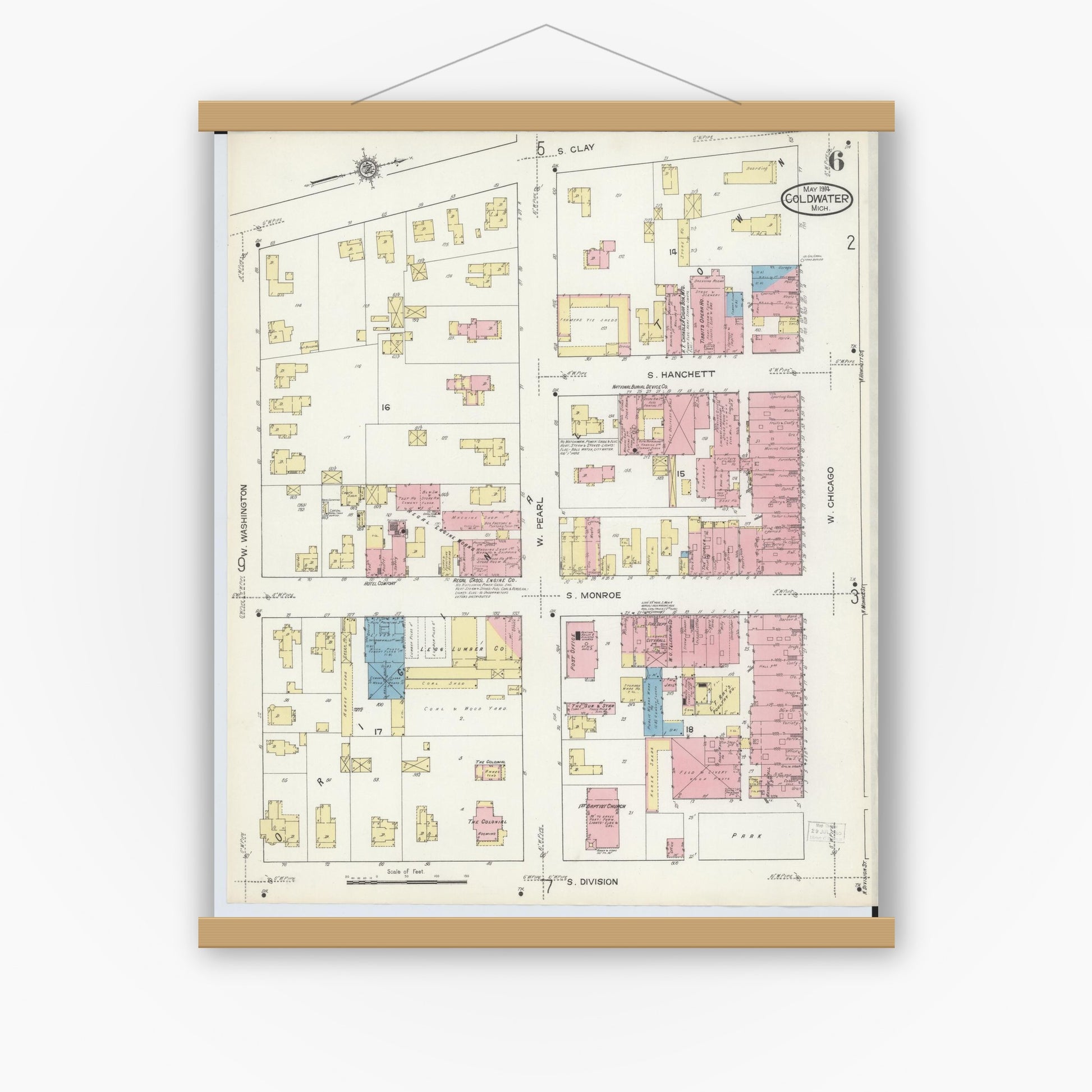 Old map wall art mockup — magnetic wood frame on white wall — Sanborn Fire Insurance Map from Coldwater, Branch County, Michigan (1914), Sheet #0006