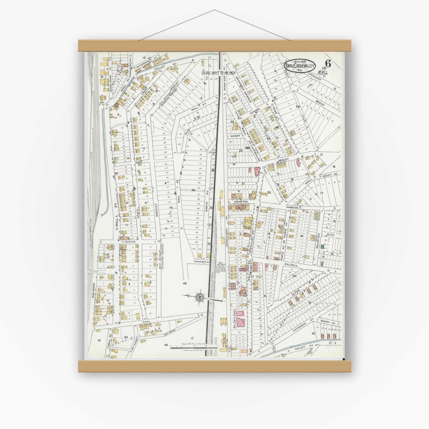 Old map wall art mockup — magnetic wood frame on white wall — Sanborn Fire Insurance Map from Turtle Creek Valley, Allegheny County, Pennsylvania (1919), Sheet #0006