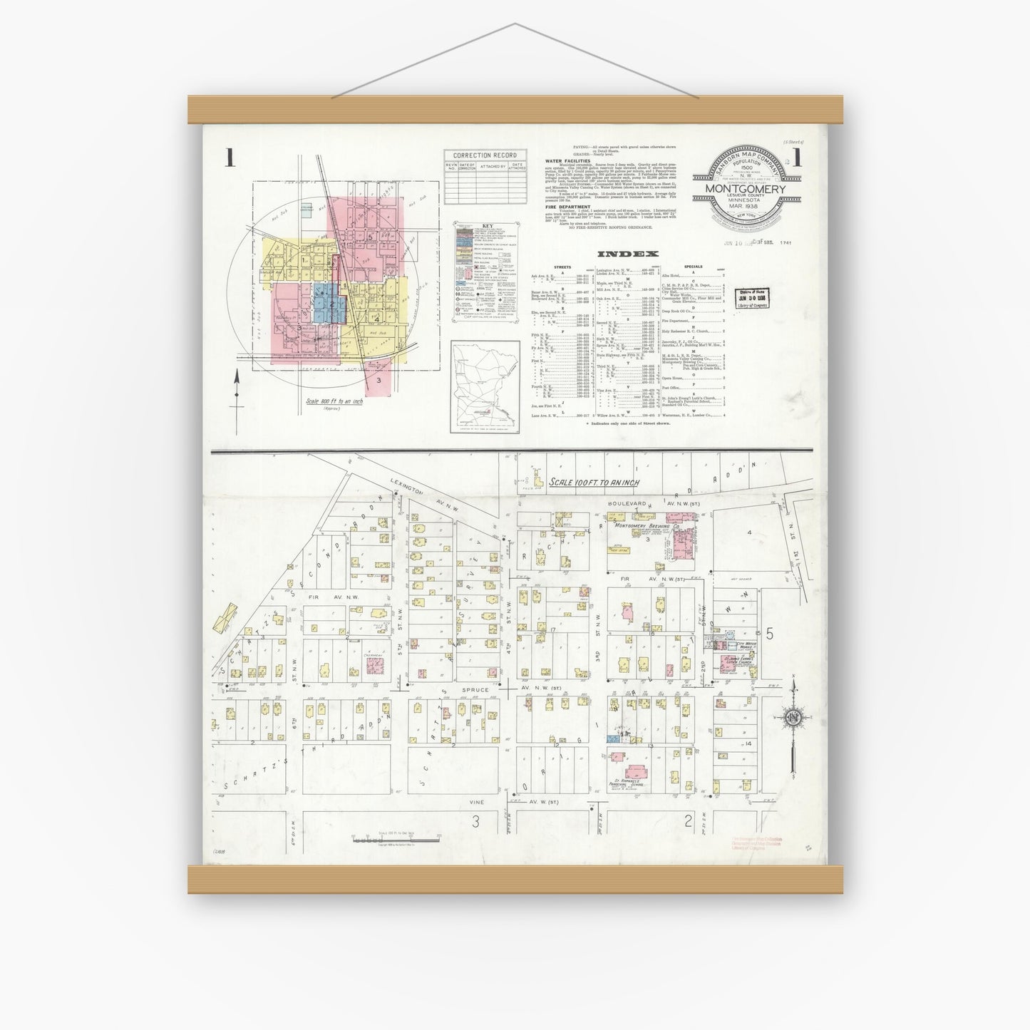 Old map wall art mockup — magnetic wood frame on white wall — Sanborn Fire Insurance Map from Montgomery, Le Sueur  County, Minnesota (1938) - Complete Map Set