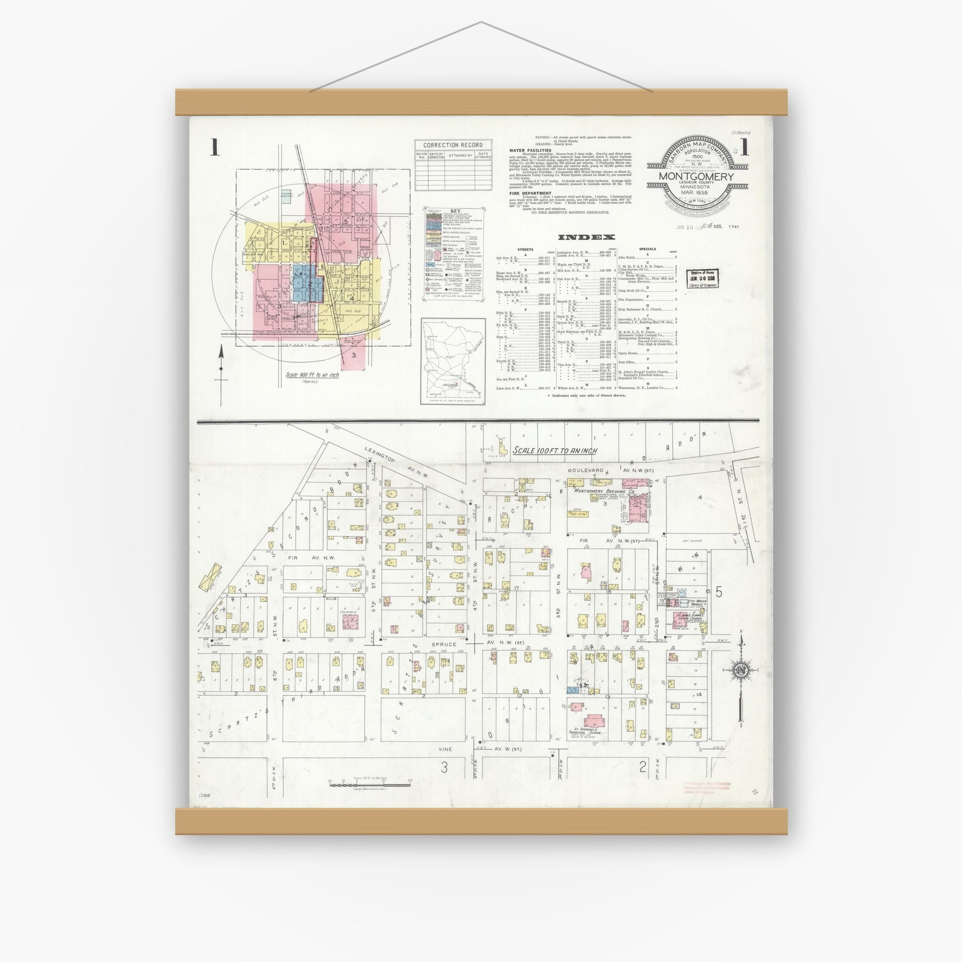 Old map wall art mockup — magnetic wood frame on white wall — Sanborn Fire Insurance Map from Montgomery, Le Sueur  County, Minnesota (1938) - Complete Map Set