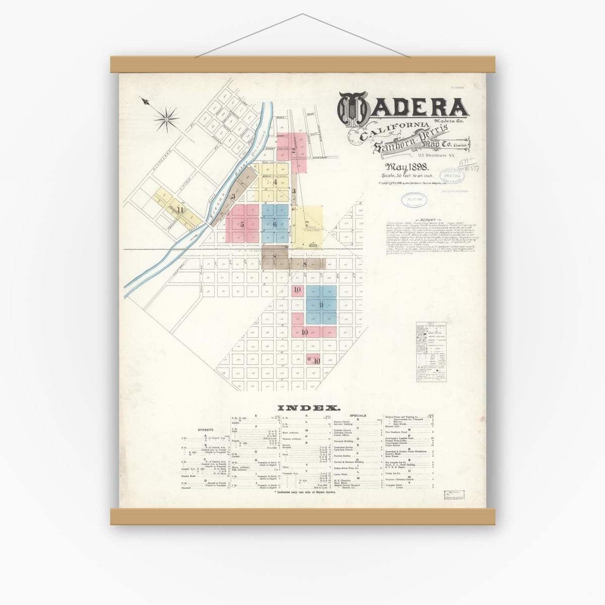 Old map wall art mockup — magnetic wood frame on white wall — Sanborn Fire Insurance Map from Madera, Madera County, California (1898) - Complete Map Set