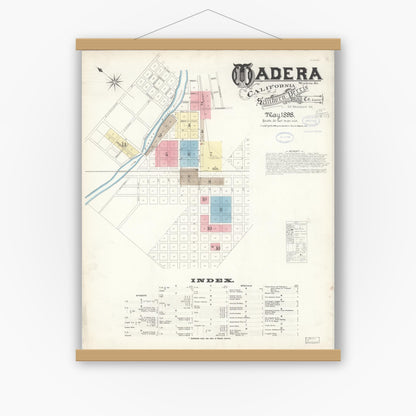 Old map wall art mockup — magnetic wood frame on white wall — Sanborn Fire Insurance Map from Madera, Madera County, California (1898) - Complete Map Set