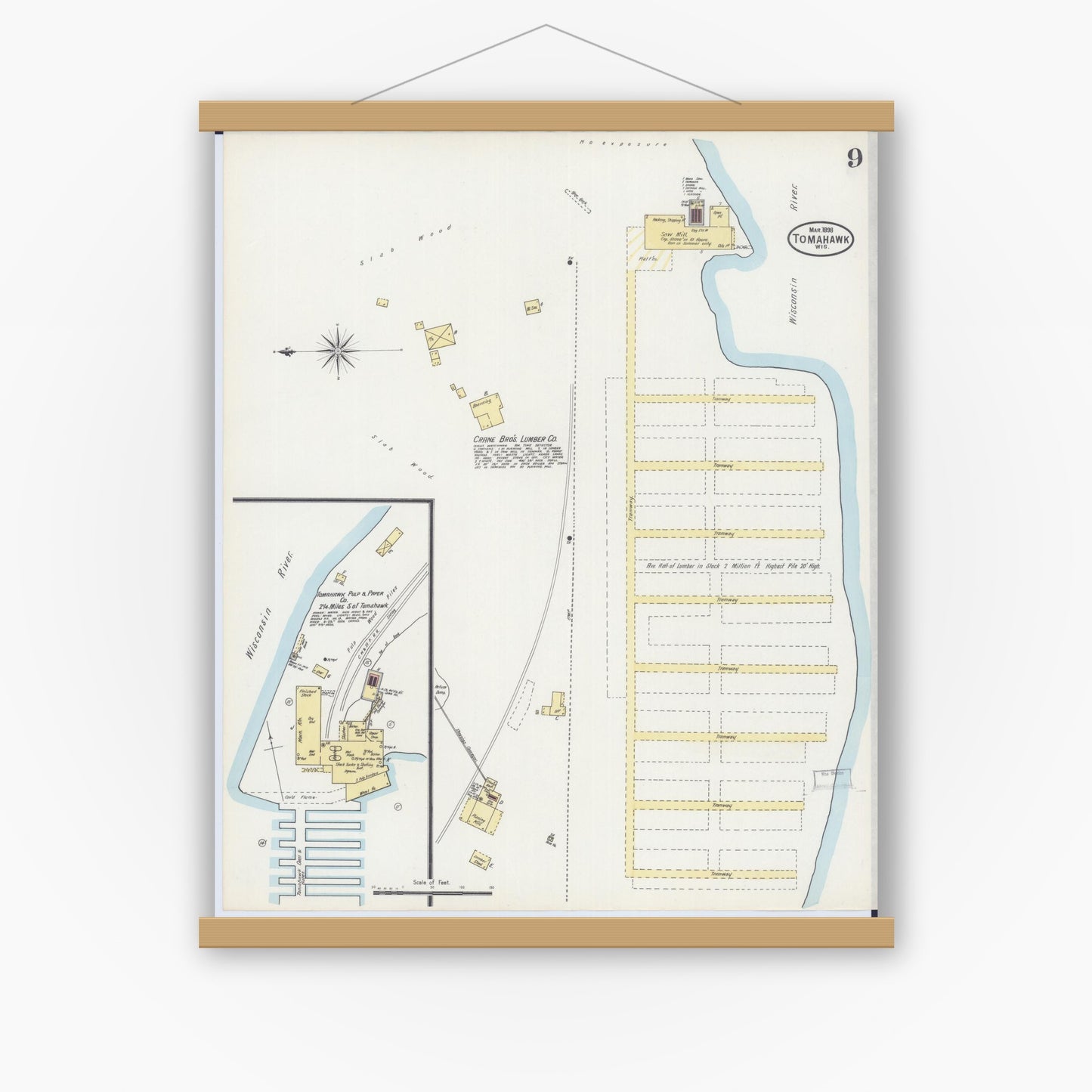 Old map wall art mockup — magnetic wood frame on white wall — Sanborn Fire Insurance Map from Tomahawk, Lincoln County, Wisconsin (1898), Sheet #0009