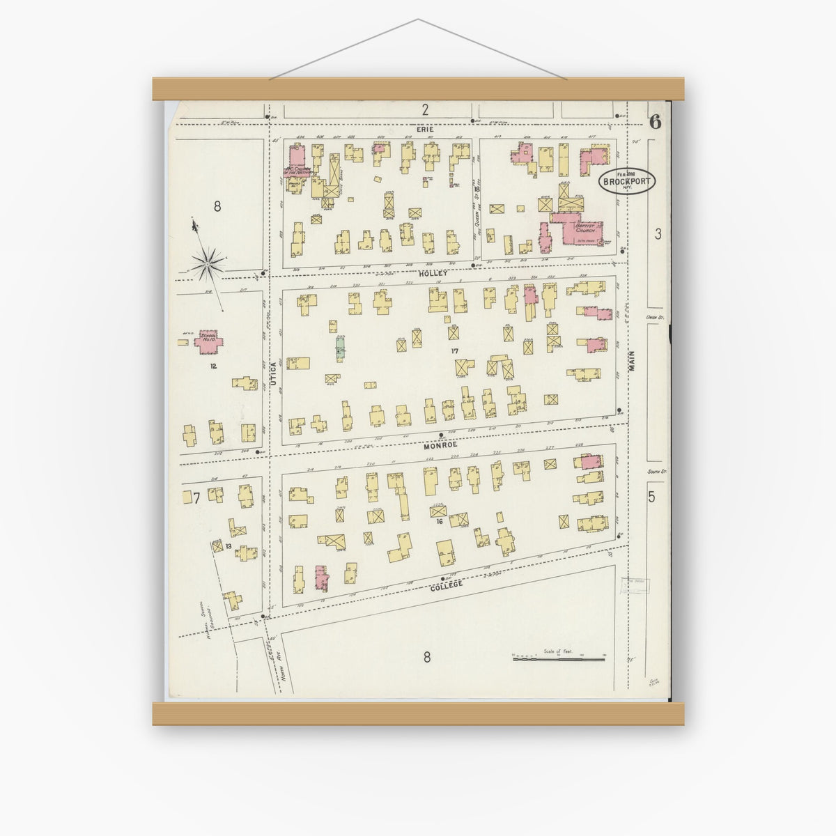 Old map wall art mockup — magnetic wood frame on white wall — Sanborn Fire Insurance Map from Brockport, Monroe County, New York (1898), Sheet #0006