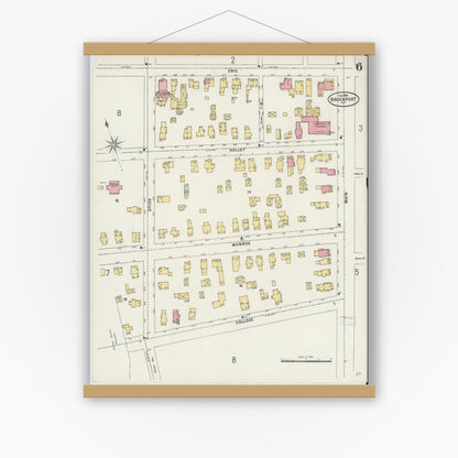 Old map wall art mockup — magnetic wood frame on white wall — Sanborn Fire Insurance Map from Brockport, Monroe County, New York (1898), Sheet #0006