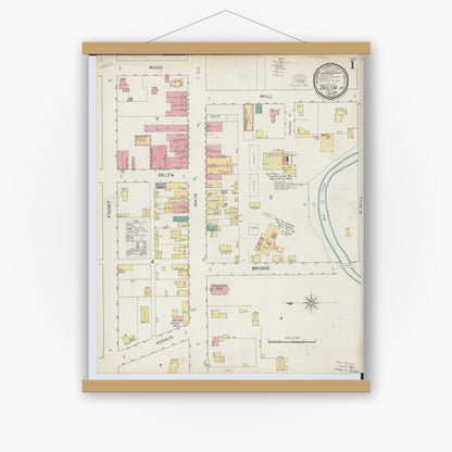 Old map wall art mockup — magnetic wood frame on white wall — Sanborn Fire Insurance Map from Delta, Fulton County, Ohio (1893), Sheet #0001