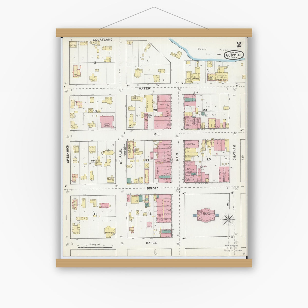 Old map wall art mockup — magnetic wood frame on white wall — Sanborn Fire Insurance Map from Austin, Mower County, Minnesota (1892), Sheet #0002