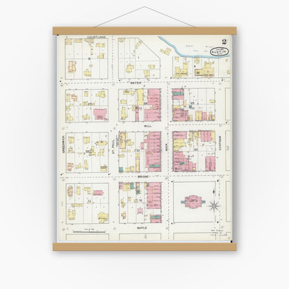 Old map wall art mockup — magnetic wood frame on white wall — Sanborn Fire Insurance Map from Austin, Mower County, Minnesota (1892), Sheet #0002