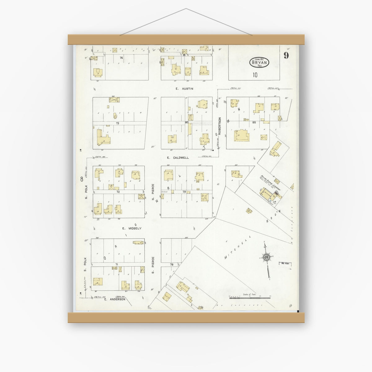 Old map wall art mockup — magnetic wood frame on white wall — Sanborn Fire Insurance Map from Bryan, Brazos County, Texas (1912), Sheet #0009