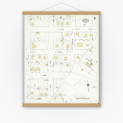 Old map wall art mockup — magnetic wood frame on white wall — Sanborn Fire Insurance Map from Bryan, Brazos County, Texas (1912), Sheet #0009
