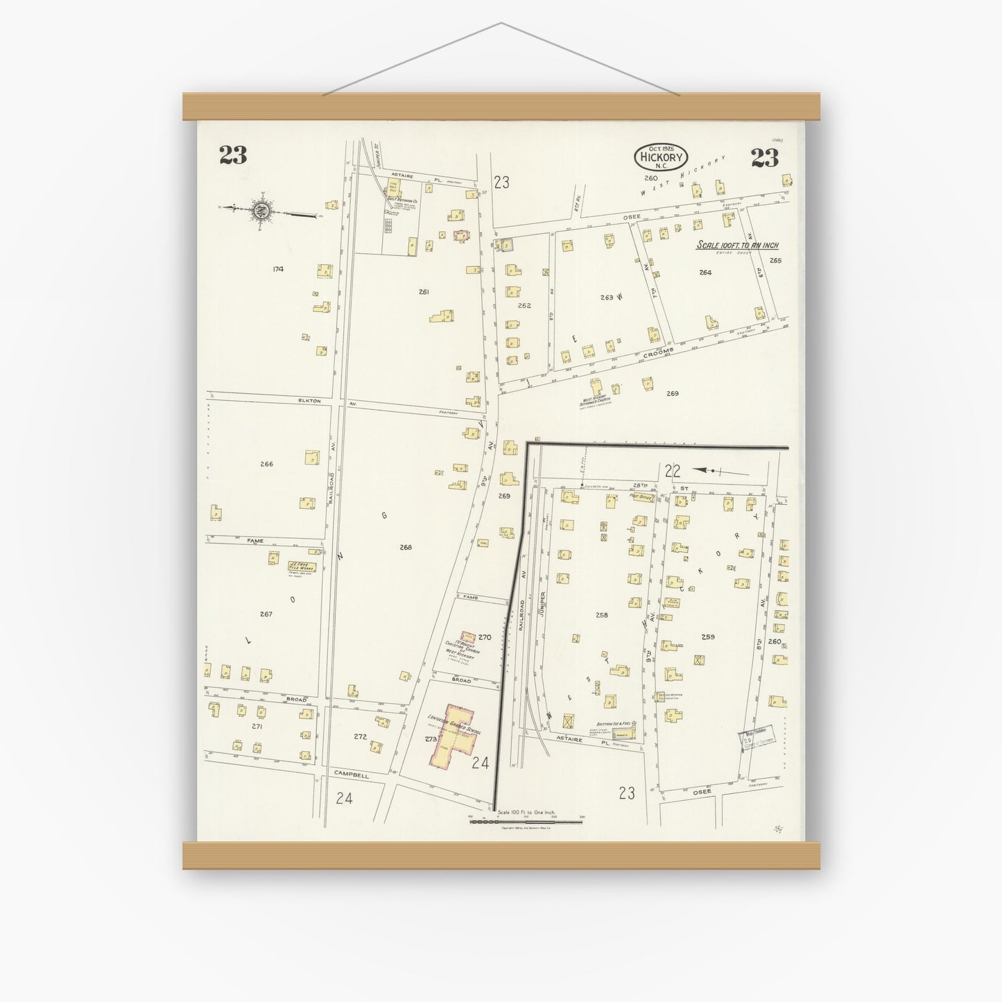 Old map wall art mockup — magnetic wood frame on white wall — Sanborn Fire Insurance Map from Hickory, Catawba County, North Carolina (1925), Sheet #0023